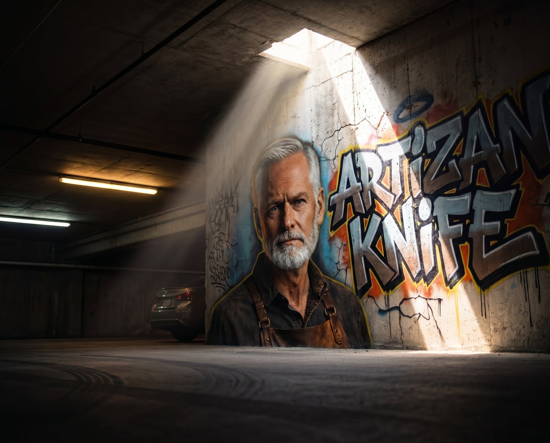 Artizan Knife graffiti mural with dramatic light shaft in underground garage